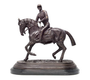 BRONZE STATUE, of horse and jockey, artist unknown, 46cm high on base 46x21cm.