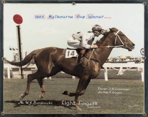 1965 MELBOURNE CUP: Colourised photograph, "1965 Melbourne Cup Winner, Mr.W.J.Broderick's Light Fingers. Trainer: J.B.Cummings. Jockey: R.Higgins", in an attractive mirrored frame (minor faults), overall 60x50cm.