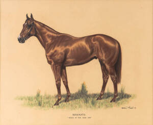 MANIKATO: Helen Krieg, "Manikato, Horse of the Year 1979", pastel, signed "Helen Preiss" and dated "79" lower right, window mounted, framed & glazed, overall 69x59cm.