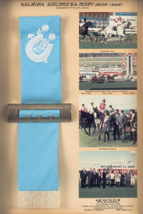 SUBZERO: Display comprising 1992 S.A.Derby sash, mounted with four race photographs, framed & glazed, overall 59x84cm. [Subzero went on to win the 1992 Adelaide & Melbourne Cups].