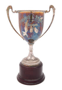 1995 TURNBULL STAKES TROPHY, silver-plated cup engraved "TURNBULL STAKES, Flemington, 1995", on timber plinth. [Won by All our Mob, ridden by Wayne Harris].