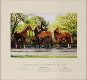 MELBOURNE CUP: Display "Carnival Legends Join Phar Lap" with colour photograph of Vintage Crop, Might and Power & Saintly in front of Phar lap statue, window mounted, framed & glazed, overall 68x65cm.