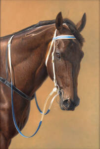 BLACK CAVIAR:&nbsp;Brett Jarrett, "Black Caviar", oil on canvas, signed "Brett Jarrett" lower right, framed, overall 108x145cm. [From an image of Black Caviar in the mounting yard at Flemington in February 2013, when she stretched her unbeaten run to 23 by win