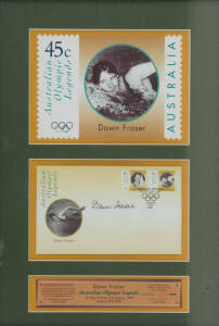 AUSTRALIAN OLYMPIC LEGENDS, set of Australia Post displays, with FDCs signed by Shirley Strickland, Dawn Fraser, Herb Elliott, Murray Rose & Marjorie Jackson, and thumb-print of Betty Cuthbert. Each numbered 1017/2000, all framed & glazed. Plus Betty Cuth