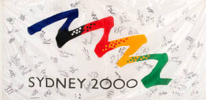 "SYDNEY 2000" FLAG with c66 signatures, including Muhammad Ali, Dawn Fraser, Cathy Freeman, Andrew Gaze, Kieren Perkins, Susie O'Neill, Lauren Burns, Grant Hackett, size 188x92cm.