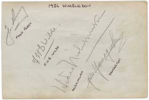 1934 WIMBLEDON, autograph pages (2) with 6 signatures including Jack Crawford, Fred Perry, F.H.B.Wilde, Hideo Nishimura & Jiro Yamagishi.