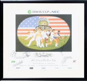 "100 Years of the Davis Cup" print with 5 signatures including Pat Rafter & John Newcombe, window mounted, framed & glazed, overall 89x81cm; plus "Oz Tennis" T-shirt with 15 signatures (framed, 103x82cm).&nbsp;