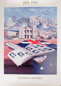 AUSTRALIAN LABOR PARTY, poster "1891-1991 Australian Labor Party" with 7 signatures including Gough Whitlam, Bob Hawke, Bill Hayden & Neville Wran, linited edition 56/250. Fair/Good condition.