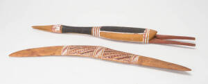 Millingimbi Carved Bird & Boomerang, wood & natural earth pigments. Approx 52cm each