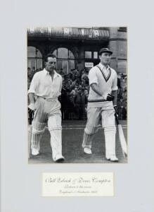 INDIA & ENGLAND, noted 1946 Indian team photograph; 1947-48 England team picture with 12 signatures; 1948-49 England team photograph; 1950-51 official England team sheet with 19 signatures (some fading); signed photo of Bill Edrich & Denis Compton walking