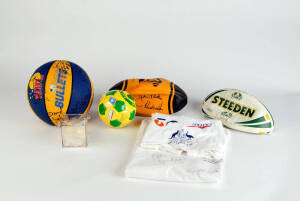 SIGNED ITEMS: Basketball signed Brisbane Bullets; mini soccer ball signed Mark Schwarzer; cricket ball signed David Hookes; NRL footballs (2);&nbsp;Shirts (2) signed by Australian Swimming Team.