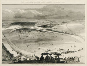 1877 MELBOURNE CUP: "The Victoria Racing Club Spring Meeting, 1877./ The Melbourne Cup Race: Bird's-Eye View of the Course", double-page engraving from 'The Australasian Sketcher' 1877, window mounted, framed & glazed, overall 65x55cm.