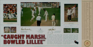 "CAUGHT MARSH, BOWLED LILLEE, lithographed print signed by Rod Marsh & Dennis Lillee, limited edition 169/1000, window mounted, framed & glazed, overall 88x55cm. With CoA.