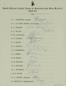 1963-64 South African tour of Australia & NZ, official team sheet with 17 signatures including Trevor Goddard, Eddie Barlow & Peter Pollock, window mounted, framed & glazed, overall 33x40cm.