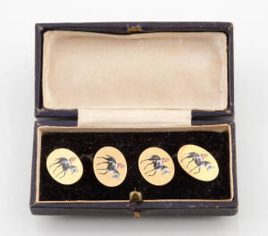 A pair of enamelled racing cufflinks, 18ct yellow gold, boxed.