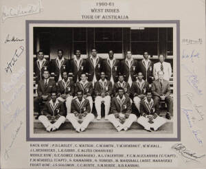 1960-61 WEST INDIES TEAM TO AUSTRALIA, reprinted team photograph with 13 signatures laid down on mount including Gary Sobers, Lance Gibbs & Wes Hall, overall 35x29cm.