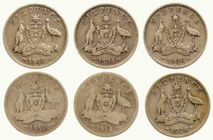 Silver, pre 1945 3d (99), 6d (37) & 1/- (1) and post 1946 3d (29), 6d (18) & 1/- (5); &frac12;d's 1.0+kgs & a group in pockets plus 1d's 1.9+kgs. Mixed grades, better grades noted