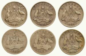 Silver, pre 1945 3d (99), 6d (37) & 1/- (1) and post 1946 3d (29), 6d (18) & 1/- (5); ½d's 1.0+kgs & a group in pockets plus 1d's 1.9+kgs. Mixed grades, better grades noted