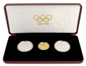 1896-1996 Olympics Centennial coin program. 1993 cased set of 3 proofs. With $200.00 GOLD 'Individual Participation' (AGW 0.4959oz) and S20 silver 'Friendship' & 'Fair Play'. No certificates.
