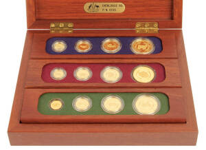 NUGGET SERIES - GOLD PROOFS; 1986/1987/1988 3 coin sets of 4 coins each with $100 / 1oz, $50 / 1/2oz, $25 1/4oz and $15 1/10oz coins showing various famous Australian nuggets. The 3 sets presented in a sturdy wooden case.