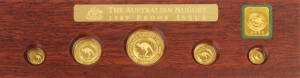 1989 "Red Kangaroo" proof set of 5 coins, $100 1oz, $50 1/2oz, $25 1/4oz, $15 1/10oz and $5 1/20oz. Numbered "0026", on a wood frame with a cardboard sleeve.