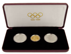 FRANCE: 1896-1996 Olympic Centennial coin program. 1994 cased set of 3 proofs. With 500 francs GOLD 'Archer' (AGW 0.5003oz) and 100 francs silver 'Javelin Thrower' & 'Discus'. Certificate for 'Javelin' only.