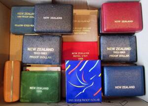 New Zealand: $1.00 Silver Proofs, 1981 Royal Visit (No Cert.), 1982 Takahe, 1983 Royal Visit & 50th Anniv. (2), 1984 Black Robin (2), 1985 Black Stilt (2), 1986 Royal Visit & Kakapo, 1987 National Parks, 1988 Yellow-eyed Penguin, 1989 Auckland Games (2) a