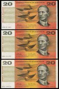 Group: 1968 (R.403) $20.00 Phillips/Randall, Commonwealth of Australia (3). Plus $1.00 (R.77,78) Knight/Stone (3), Johnston/Stone (26 incl. cons. runs of 10 & 7) and 1988 $10.00 Bi-Cent. Folder. Mixed grades to Unc.