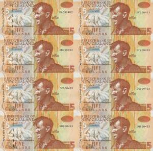 WORLD BANKNOTES: New Zealand 1967 - 1991 Final One & Two Dollar Notes, Ltd. Ed. folder; 1992 (Krause.177c) $5.00 uncut block of 8 in a folder; 1993 (Krause.CS186) $10.00 uncut pair in a folder. 