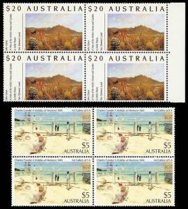MUH accumulation, majority 1980's to late 1990's, to $20.00, as singles, sets and blocks of 4 or larger. Many as issued in Aust. Post Office Shop packets as singles and blocks of 4. Fine FV $2,100+.