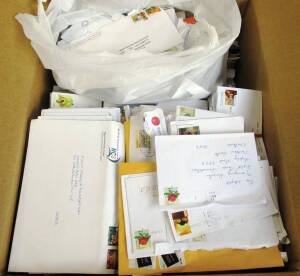 CHARITY LOT; 2 large boxes of recent commercial mail from all over Australia, incl. single & mixed frankings, 'Consession' stamps and a few h/values. Many uncancelled stamps and postmarks throughout. Offered on behalf of the FIGHT CANCER FOUNDATION. Pleas