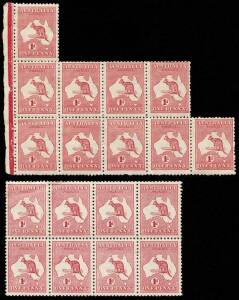 Mint group; Incl. &frac12;d Green, 2 'coil' strips of 11 & 12, a strip of 3 & a pair, 1d Red, blks of 10 & 8, a strip of 3 & several singles, 6d Chestnut, 3rd wmk, top R corner pairs with variety "Broken leg on 'Roo" x12. Majority fine MUH, 75+.
