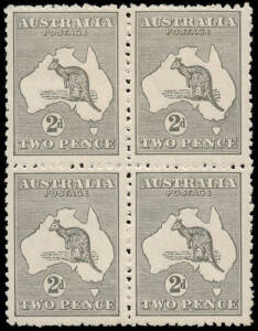 2d Grey (Die 2A) block with located varieties "White flaw adjacent to NSW Coast" [BW:8i] and "White flaw on Roo's tail" on the unit below. MUH/MLH.