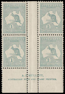 1/- Emerald, MULLETT Imprint block; superb. BW:33(4)zd - $1750. Provenance: Kevin Nelson, May 2002.