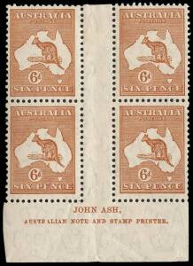 6d Chestnut, Ash Imprint block (Plate 4 - N over A); superb MLH/MUH. BW:23(2)z - $500.