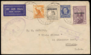 1943 (Nov. 15) &nbsp;usage of &pound;1 Grey and 10/- Robes, both o'ptd 'SPECIMEN' on a censored RAAF concessional cover, franked 4d, Bundaberg - Killara, NSW, tied by "R.A.A.F. 6303" cds. Unusual. Vertical fold does not distract.