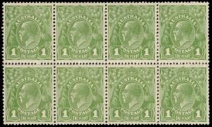 KGV - Sm. Mult. - 13&frac12; x 12&frac12;; 1d Pale Green, horizontal block of 8, yielding 2 pairs Die 1 + 2 and 2 pairs Die 2 + 1. Very fine & fresh.