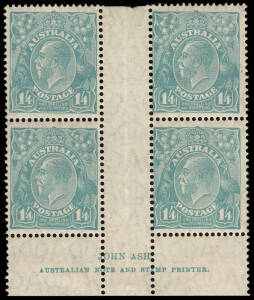1/4d Turquoise, ASH Imprint block (4), 2 MUH, 2 MLH. BW:130z. Cat.$2500.Provenance: Hugh Morgan.