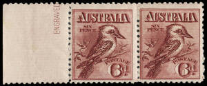 6d Maroon engraved Kookaburra; L marginal pair**, lower marginal strip of 3** and a single* with DOUBLE perforations at L.