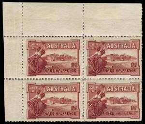 1927 1&frac12;d Canberra, upper left corner block with large margins and complete Plate No. "12" in upper margin.