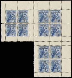 1928 3d Blue Kookaburra Melbourne Philatelic Exhibition souvenir sheet, irregular corner block of 3 sheets. Each cancelled in GREEN with the Exhibition postmark, dated "29OCT28", and supporting the hypothesis that the green is a mixture of the red and blu