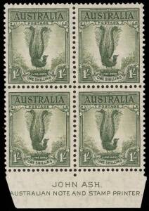 1937 (SG.174) 1/- Lyrebird, Ash Imprint block. MUH.