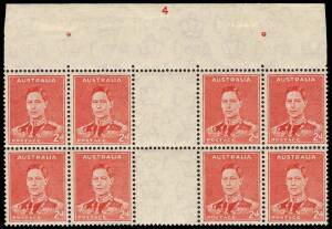 1938 (SG.184) 2d Scarlet KGVI (Die II) interpanneau gutter block (8) showing the complete Plate No.4 accompanied by 2 perf guide pips; BW:188zc. Very fine, hinged in selvedge only. MUH.
