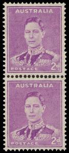 1941 (SG.185a & 185w) 2d Mauve KGVI coil pairs: one pair with wmk upright & one pair with WATERMARK INVERTED. Superb. (2 pairs). MUH.