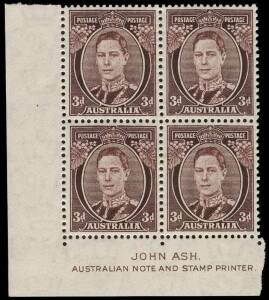 1941 (SG.187) 3d Brown KGVI, Ash Imprint block on THIN PAPER (0.078mm); lower units **, upper units MVLH. BW:196a.