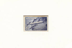 DIE PROOF: 1958 (SG.301) 2/- QANTAS Round-the-World Service, sunken die proof, numbered "17" and presented to the Governor General, Sir William Slim. Accompanied on an exhibit page by a block of 9 of the issued stamp showing the "re-entry to last A of AUS