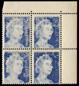 1967 5c Blue QE2, upper left corner block (4) with EXCEPTIONALLY STRONG OFFSET to all units. MUH.