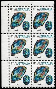 1973-74 9c on 8c Opal in upper left corner blocks (6), one block with variety 'Surcharge misplaced to right', accompanied by normal overprint block from the same position [BW.646c]. (12). MUH.