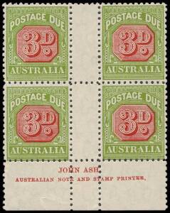 1931-36 (SG.D108) 3d Carmine & Yellow-Green, Ash Imprint block (N over EA) with variety "RA of AUSTRALIA joined". Superb & rare - 2 MUH, 2 MLH. BW:D118za.