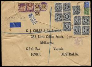 1935-51 groups of &nbsp;incoming commercial covers from Great Britain, addressed to G.J. Coles & Co. Ltd. Melbourne. 1935 group with 7 covers, 1941 group of 7 covers all with the KGVI 10/- dark blue definitive in multiple frankings incl. a franking of &nbsp;&pound;5/8/3&nbsp;